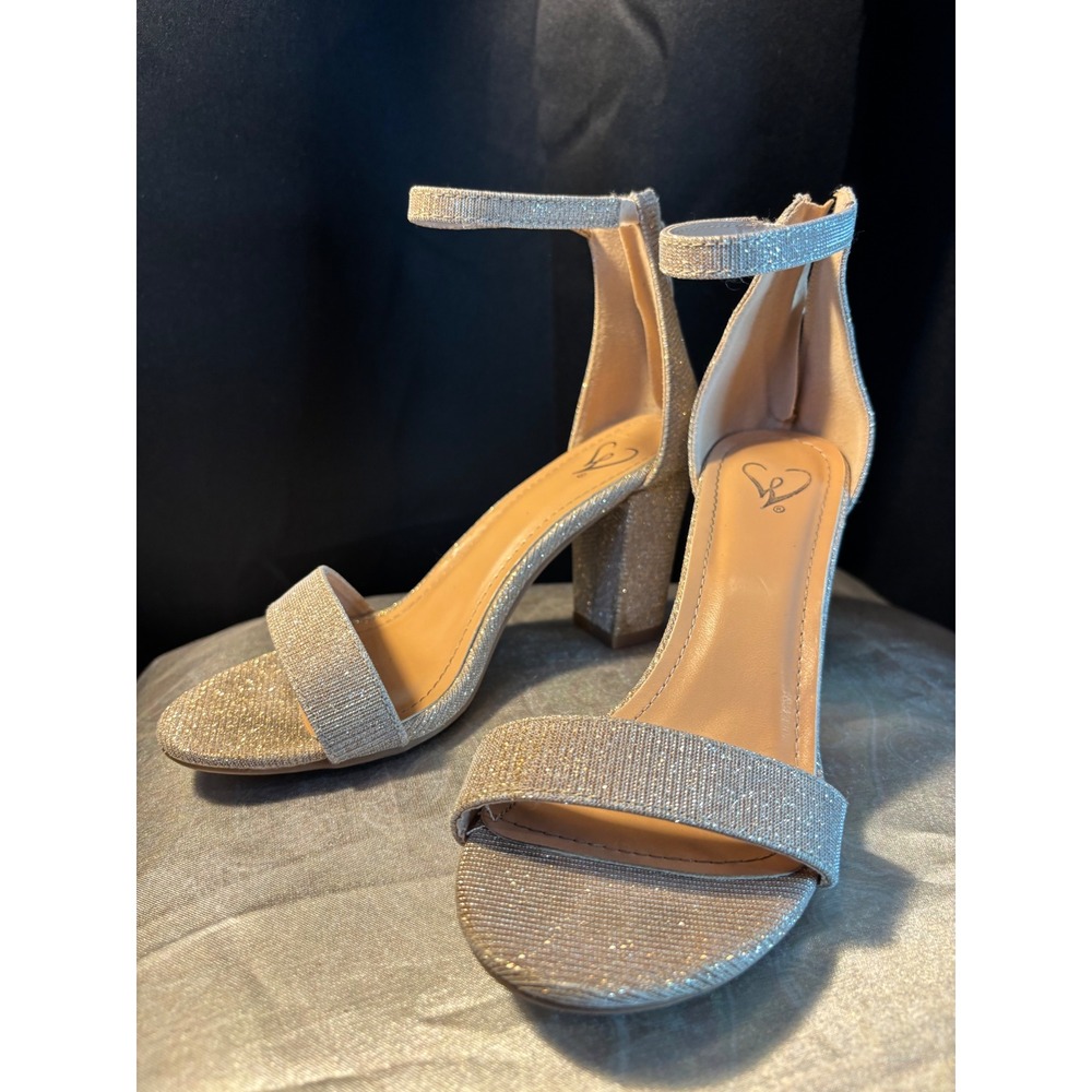 Windsor Champagne Gold Glitter Block Heels Ankle Strap Sandals Formal Evening